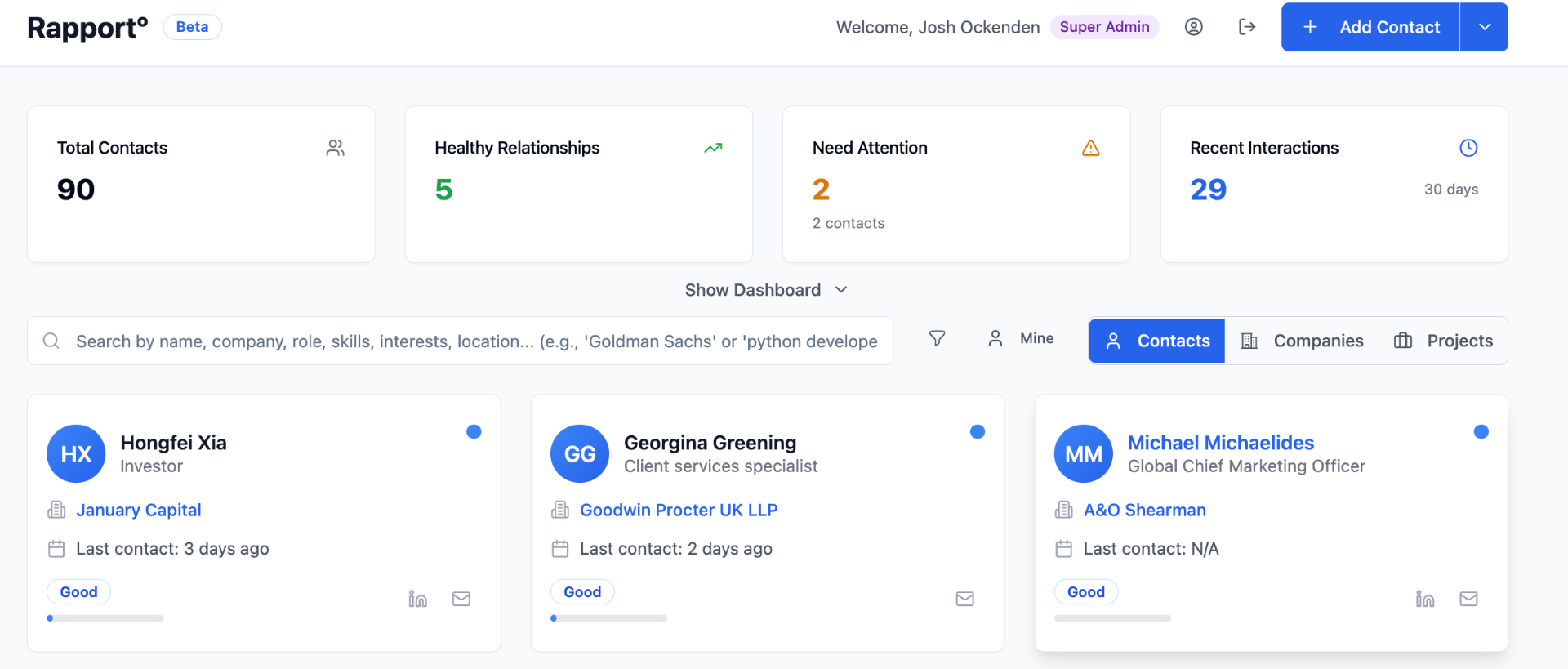 Rapport° platform showing relationship management dashboard